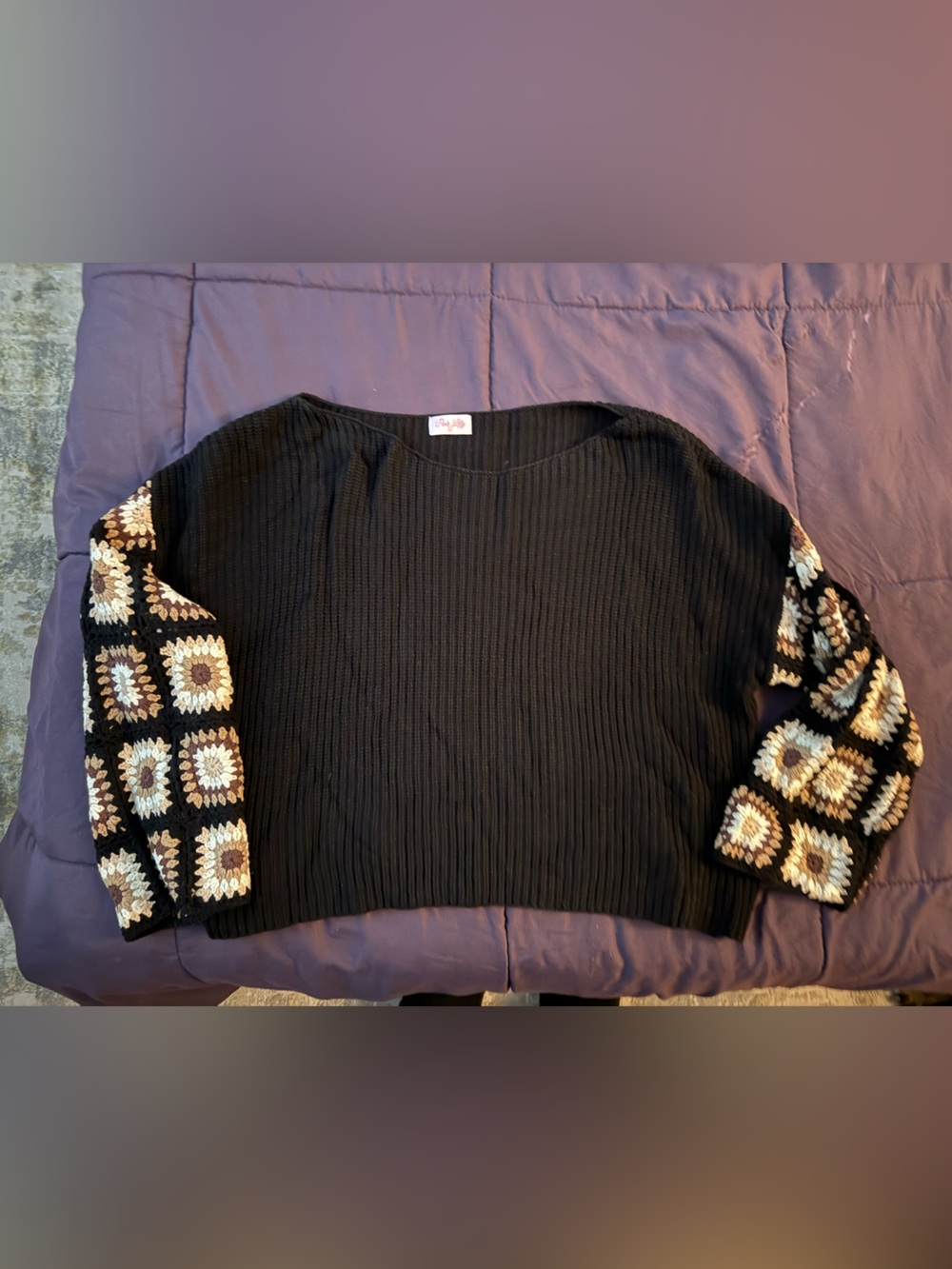 Pink Lily Black Cropped Sweater with Crochet-Pattern Sleeves